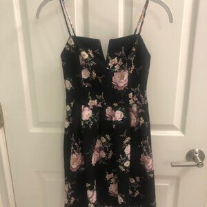 Soprano brand women's black floral spaghetti strap mini dress, size XS